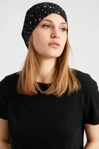 Women Black White Star Patterned Rope Detailed 4 Seasons Hat Beanie Buff Ultra Soft Natural Combed Cotton Fabric-Black - 5