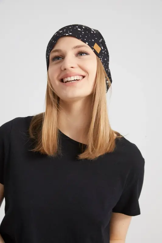 Women Black White Star Patterned Rope Detailed 4 Seasons Hat Beanie Buff Ultra Soft Natural Combed Cotton Fabric-Black - 7