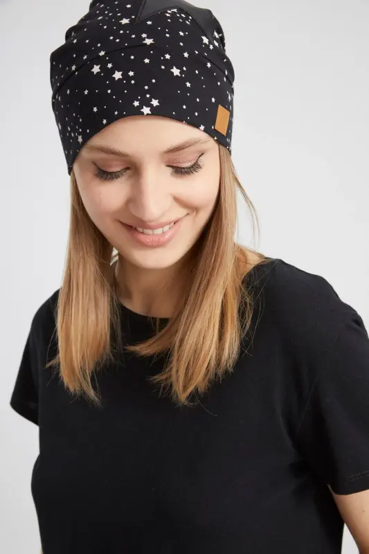 Women Black White Star Patterned Rope Detailed 4 Seasons Hat Beanie Buff Ultra Soft Natural Combed Cotton Fabric-Black - 8