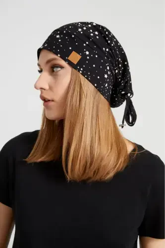 Women Black White Star Patterned Rope Detailed 4 Seasons Hat Beanie Buff Ultra Soft Natural Combed Cotton Fabric-Black - BUTIKGIZ (1)
