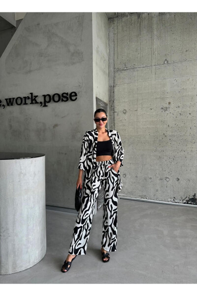 Women BLACK & WHITE ZEBRA Low Shoulder LONG PANTS Suit - MODERNİZE