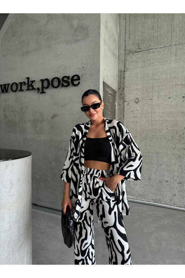 Women BLACK & WHITE ZEBRA Low Shoulder LONG PANTS Suit - 3