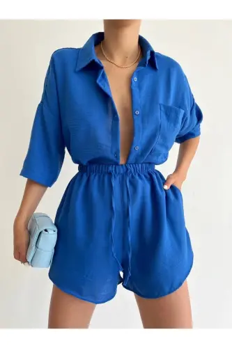 Women Blue Linen Fabric Oversize Shirt Shorts Set-blue 