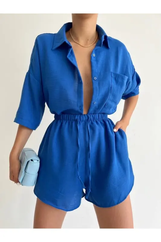 Women Blue Linen Fabric Oversize Shirt Shorts Set-blue - LB LALUNA BUTIK