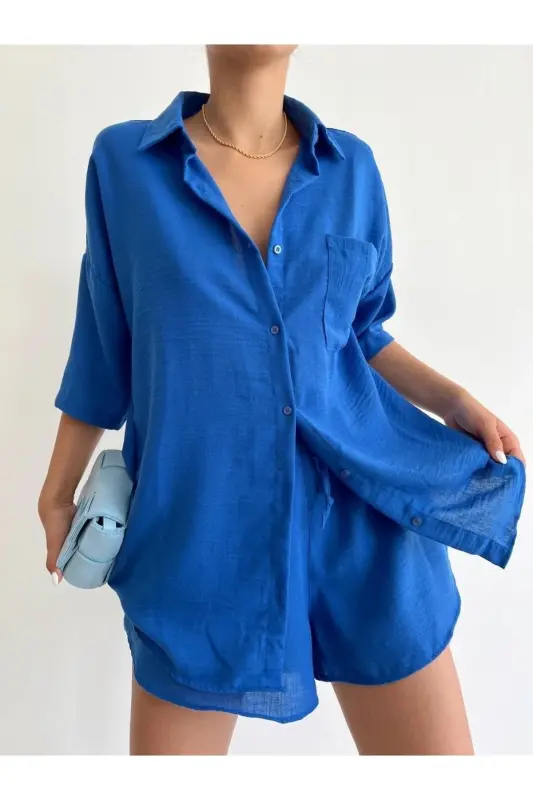 Women Blue Linen Fabric Oversize Shirt Shorts Set-blue - 2