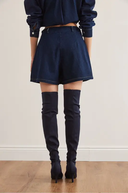 Women Blue Pleated Zippered Mini Denim Skirt 9936 E - 6