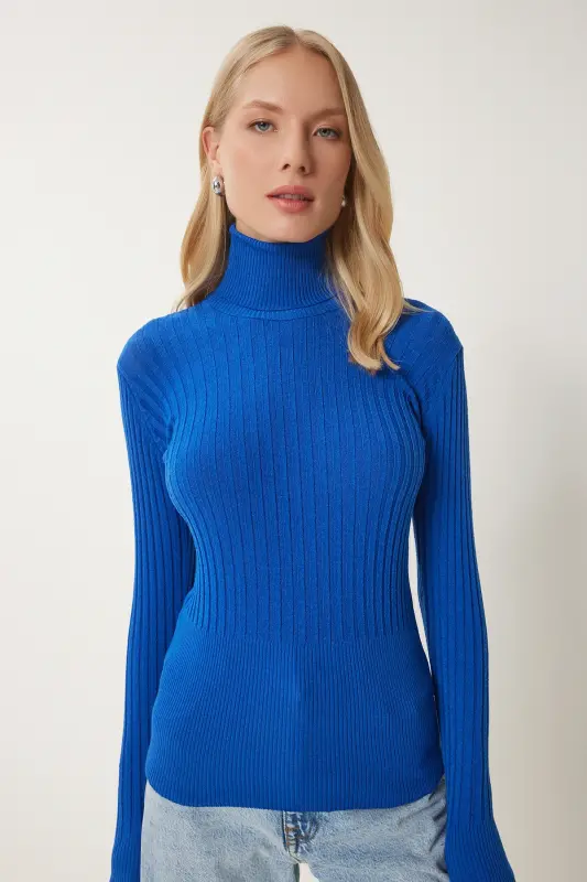 Women Blue Turtleneck Ribbed Basic Sweater bv00095-Blue - HAPPINESS İSTANBUL