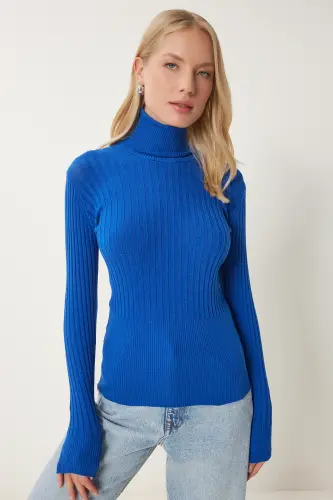 Women Blue Turtleneck Ribbed Basic Sweater bv00095-Blue - HAPPINESS İSTANBUL (1)