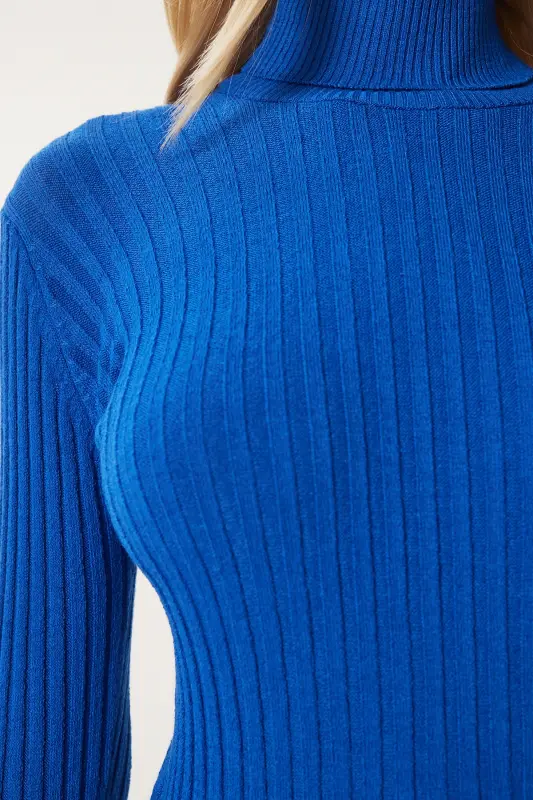 Women Blue Turtleneck Ribbed Basic Sweater bv00095-Blue - 4