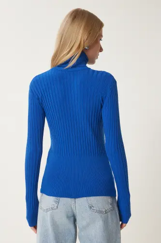 Women Blue Turtleneck Ribbed Basic Sweater bv00095-Blue - 5