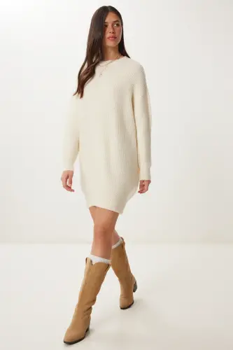 Women Bone Oversize Long Basic Knitwear Sweater BV00099-Bone - 1