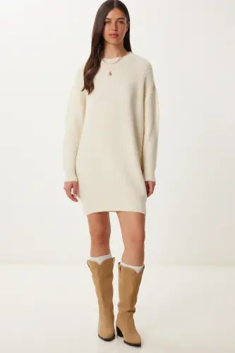 Women Bone Oversize Long Basic Knitwear Sweater BV00099-Bone - 3