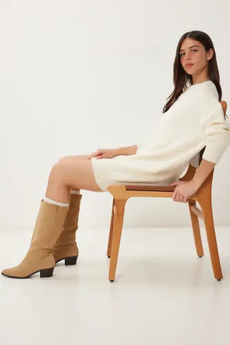 Women Bone Oversize Long Basic Knitwear Sweater BV00099-Bone - 4