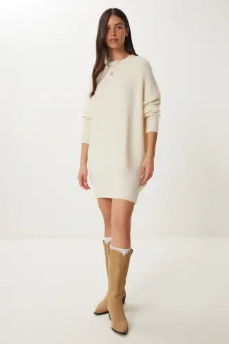 Women Bone Oversize Long Basic Knitwear Sweater BV00099-Bone - 5
