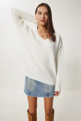 Women Bone V Neck Knitwear Sweater ZA00063-Bone - 4