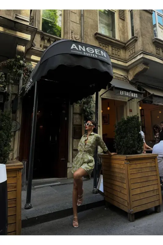 Women Brode Fabric Oversize Shirt Shorts Set-Patterned Khaki - 3