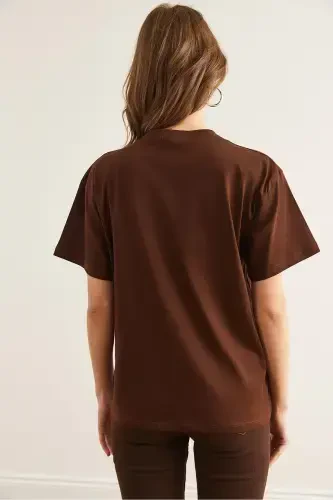 Women Brown Heart Embroidered Cotton Regular Fit T-shirt - 2
