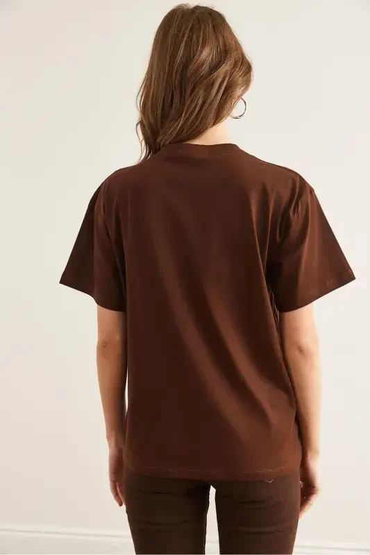 Women Brown Heart Embroidered Cotton Regular Fit T-shirt - 2