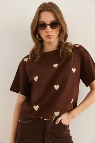 Women Brown Heart Embroidered Cotton Regular Fit T-shirt - 3
