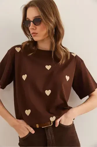 Women Brown Heart Embroidered Cotton Regular Fit T-shirt - 4