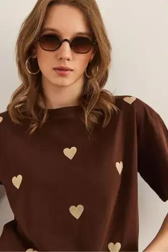 Women Brown Heart Embroidered Cotton Regular Fit T-shirt - 5