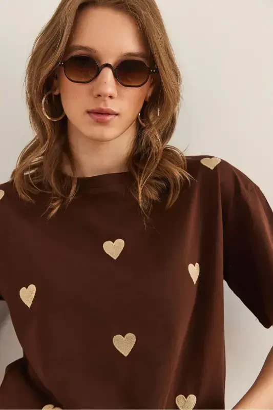 Women Brown Heart Embroidered Cotton Regular Fit T-shirt - 5