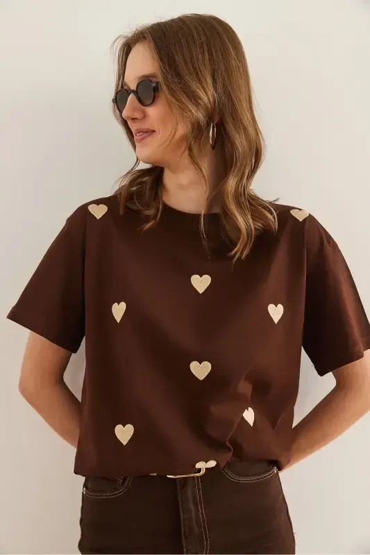 Women Brown Heart Embroidered Cotton Regular Fit T-shirt - 6