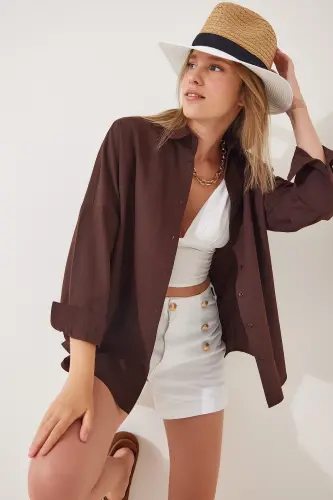 Women Brown Oversize Long Basic Shirt DD00842 - Brown 