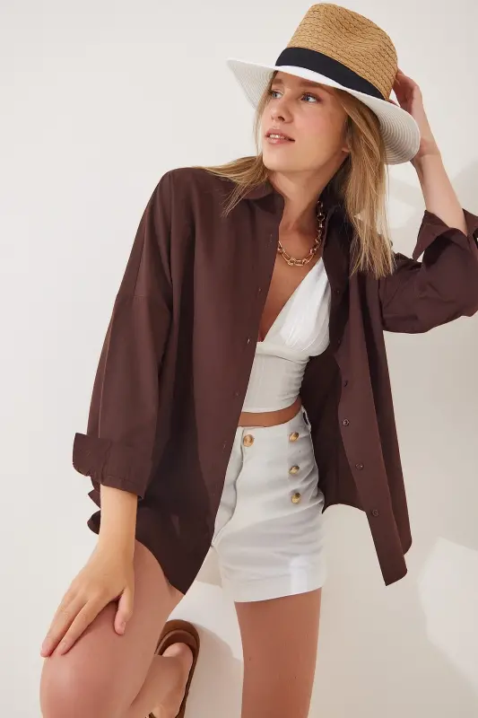 Women Brown Oversize Long Basic Shirt DD00842 - Brown - 1