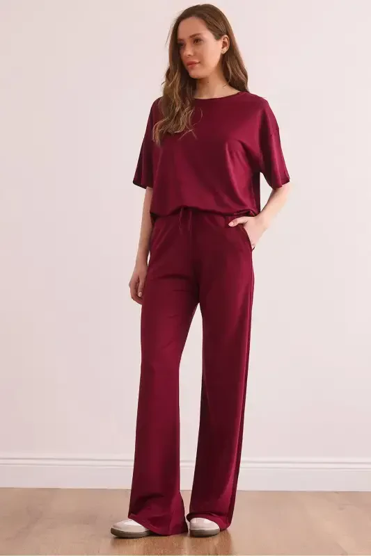 Women Burgundy Bottom Pocketed Pants Top Set TK - OLALOOK