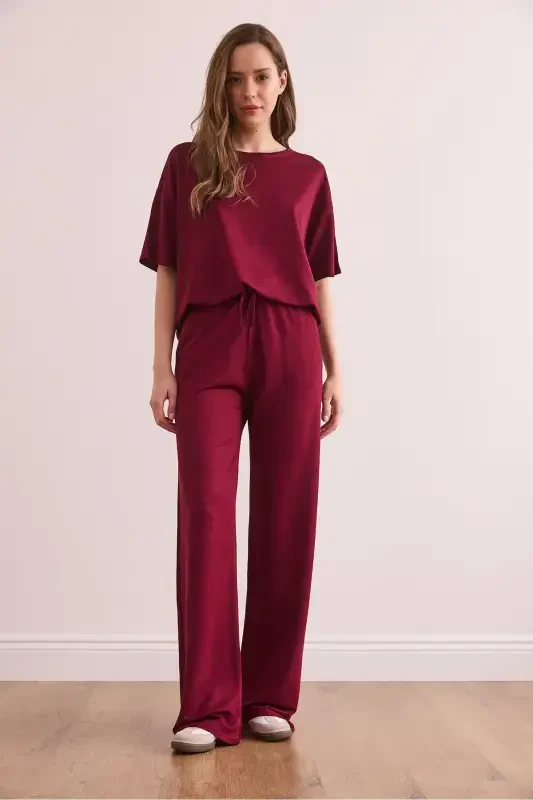 Women Burgundy Bottom Pocketed Pants Top Set TK - 2