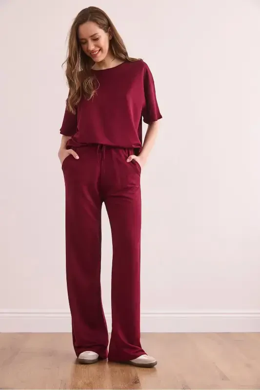 Women Burgundy Bottom Pocketed Pants Top Set TK - 3