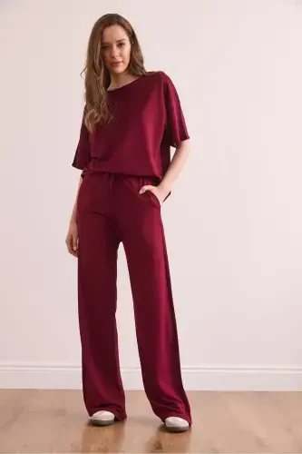 Women Burgundy Bottom Pocketed Pants Top Set TK - 4