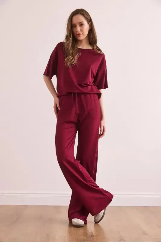 Women Burgundy Bottom Pocketed Pants Top Set TK - 5