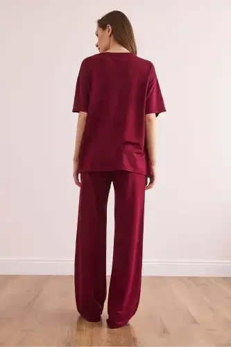 Women Burgundy Bottom Pocketed Pants Top Set TK - 8