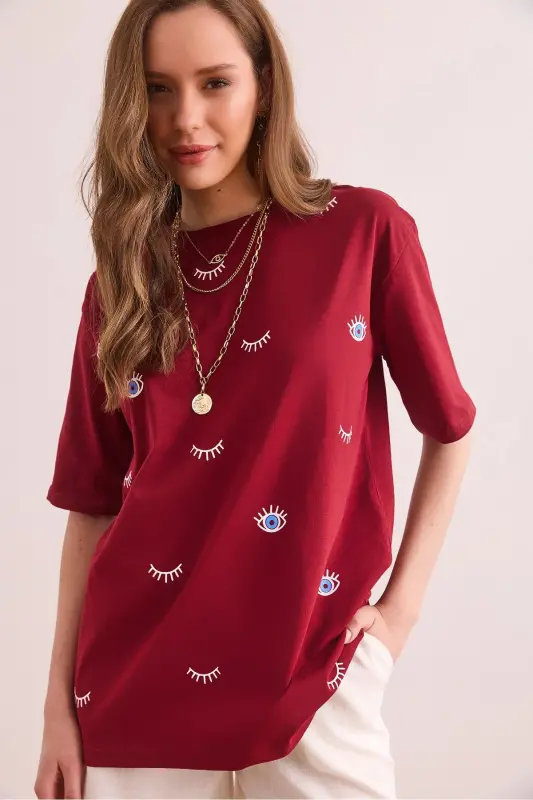 Women Burgundy Eye Printed T-Shirt TSH-19000817-Burgundy - OLALOOK