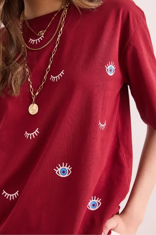 Women Burgundy Eye Printed T-Shirt TSH-19000817-Burgundy - 6