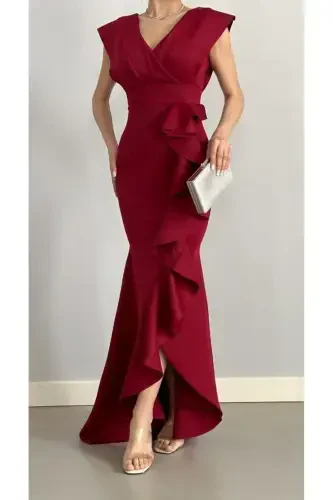 Women Burgundy Scuba Diver Fabric Crossover Collar Skirt Ruffled Evening Graduation Wedding Dress-burgundy - 1