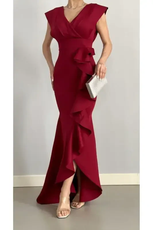 Women Burgundy Scuba Diver Fabric Crossover Collar Skirt Ruffled Evening Graduation Wedding Dress-burgundy - ALFUDO MODA COLLECTION