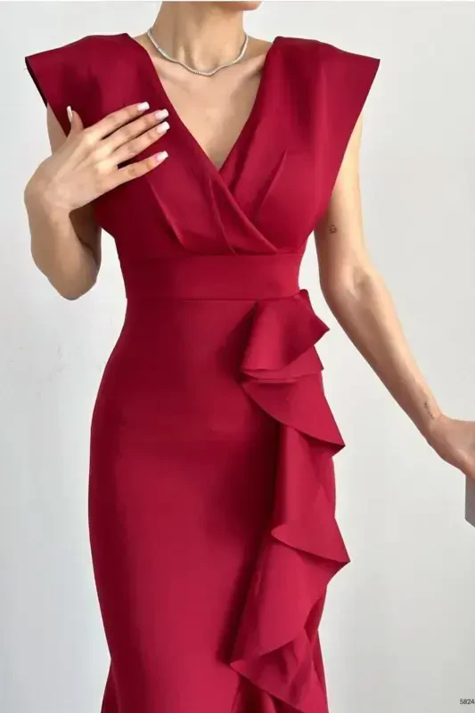 Women Burgundy Scuba Diver Fabric Crossover Collar Skirt Ruffled Evening Graduation Wedding Dress-burgundy - 3