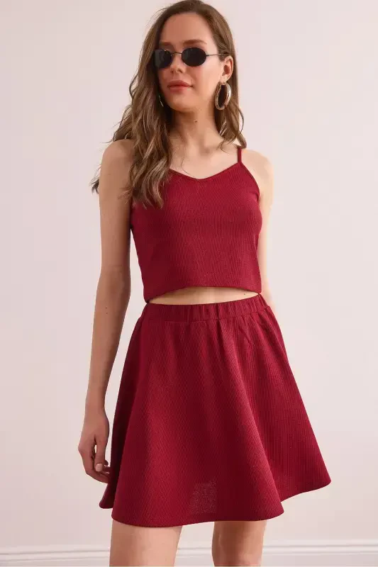 Women Burgundy Skirt Blouse Textured Suit TKM-19000373 - OLALOOK