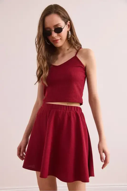 Women Burgundy Skirt Blouse Textured Suit TKM-19000373 - 3