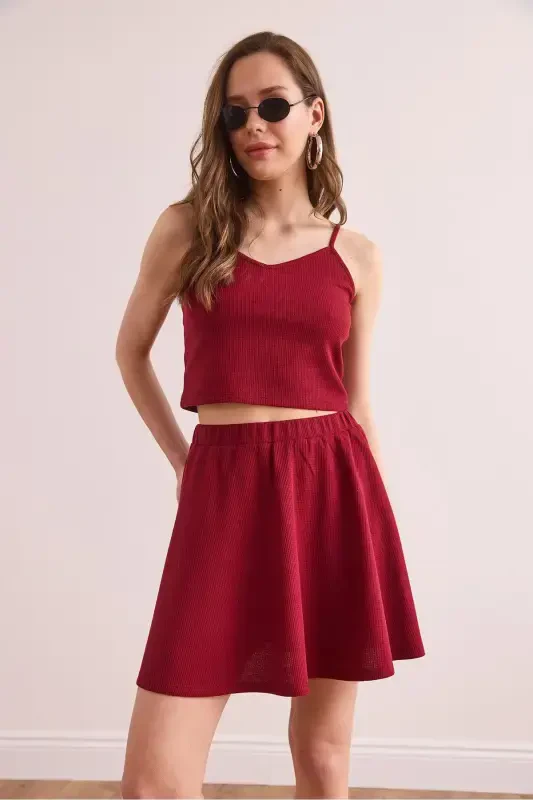 Women Burgundy Skirt Blouse Textured Suit TKM-19000373 - 5