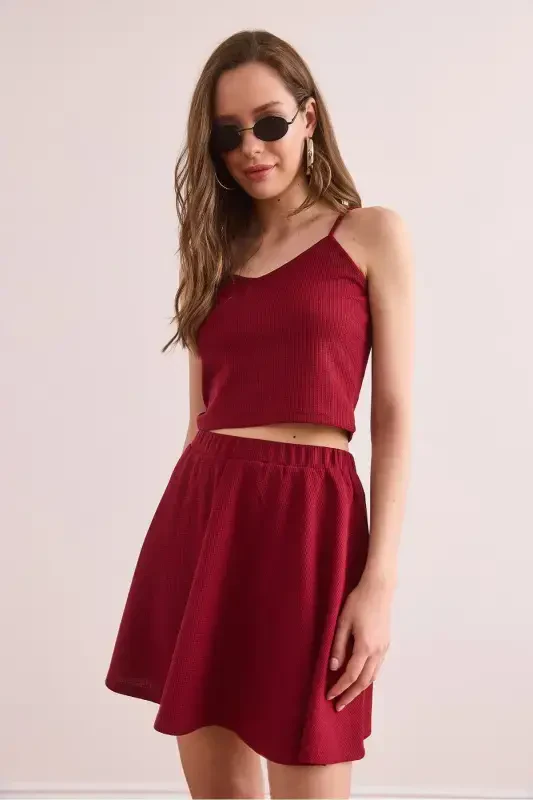 Women Burgundy Skirt Blouse Textured Suit TKM-19000373 - 6