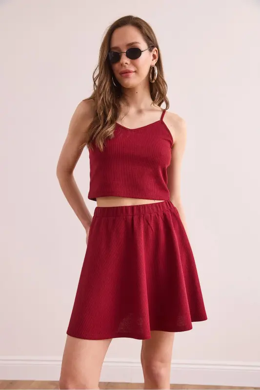 Women Burgundy Skirt Blouse Textured Suit TKM-19000373 - 5