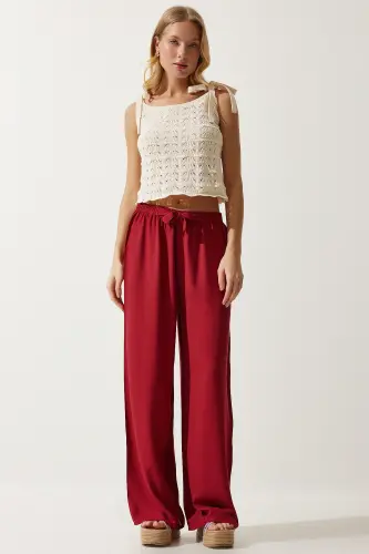 Women Burgundy Summer Viscose Palazzo Pants EN00610-Burgundy - HAPPINESS İSTANBUL (1)