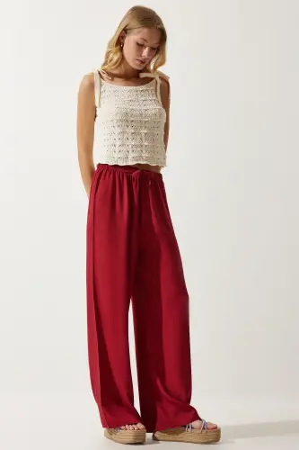 Women Burgundy Summer Viscose Palazzo Pants EN00610-Burgundy - 3