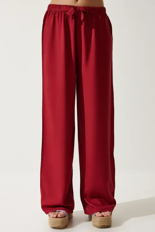 Women Burgundy Summer Viscose Palazzo Pants EN00610-Burgundy - 4