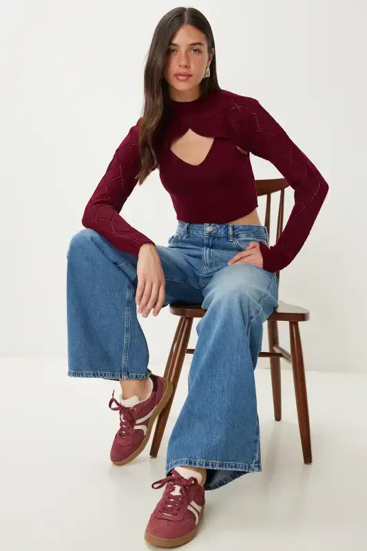 Women Burgundy Turtleneck Knit Tank Crop Set MT00153-Burgundy - HAPPINESS İSTANBUL