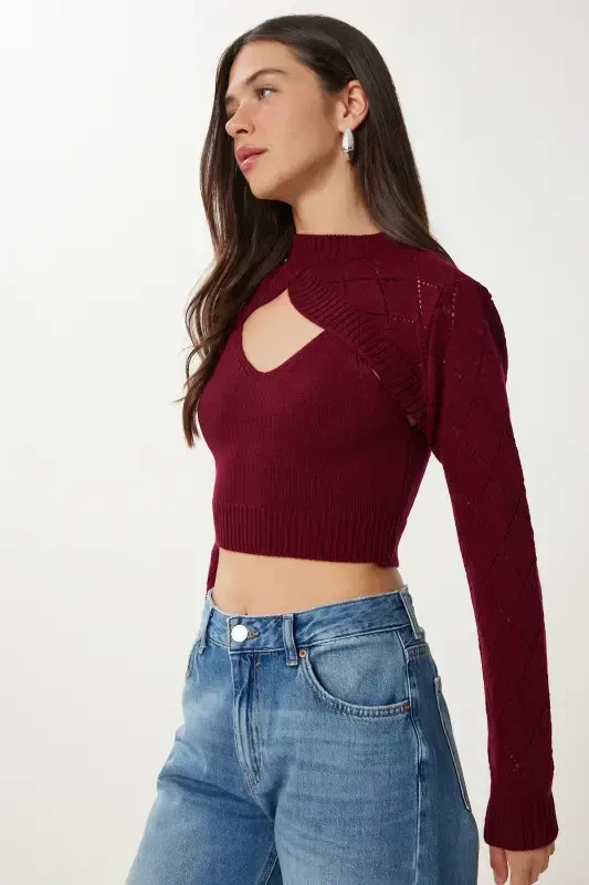 Women Burgundy Turtleneck Knit Tank Crop Set MT00153-Burgundy - 2